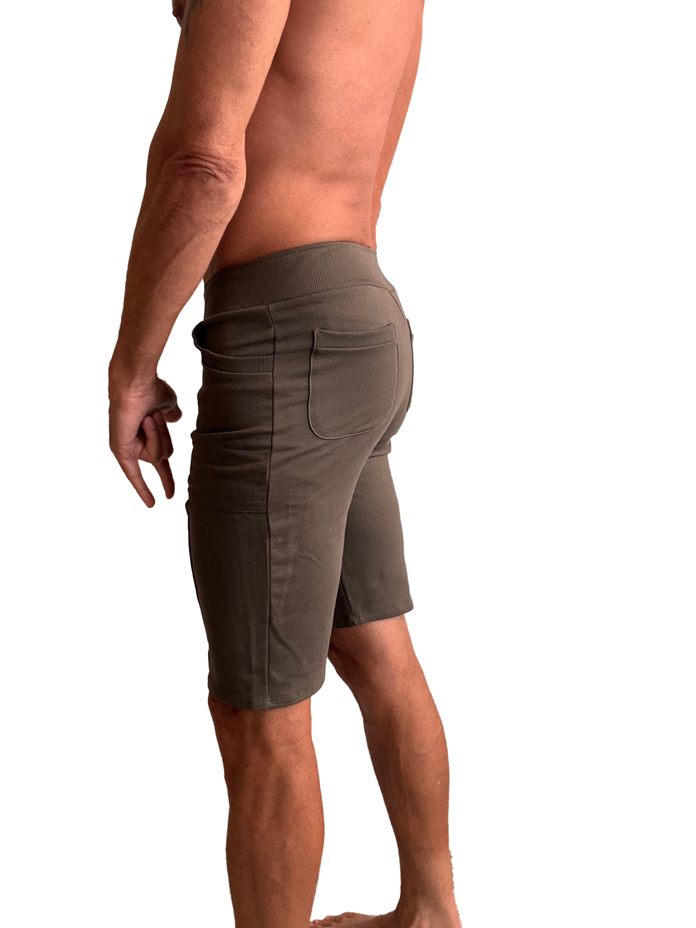 Olive green urban tactical at home dress shorts with stretchy elastic waistband and side pockets for casual wear