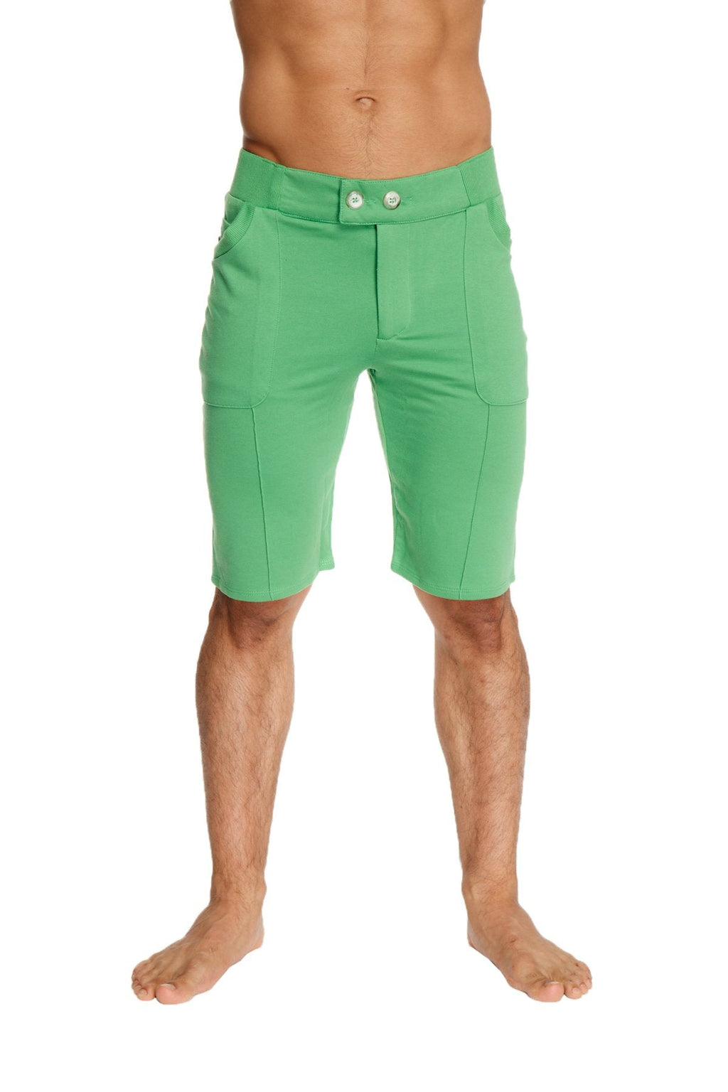 Urban tactical at home dress shorts in bamboo green with bright green sleek fit and two-button waist closure