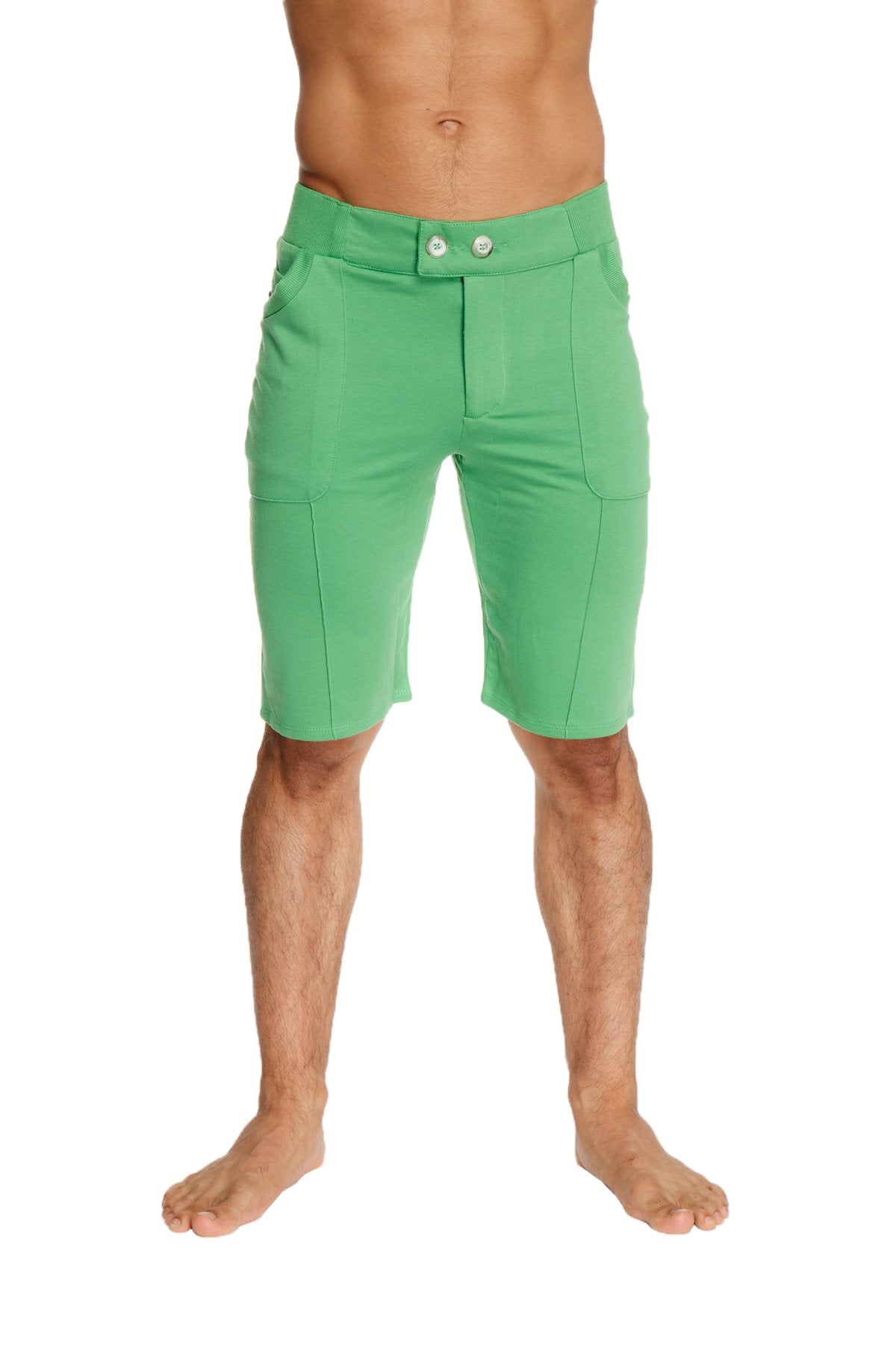 Urban tactical at home dress shorts in bamboo green with bright green sleek fit and two-button waist closure