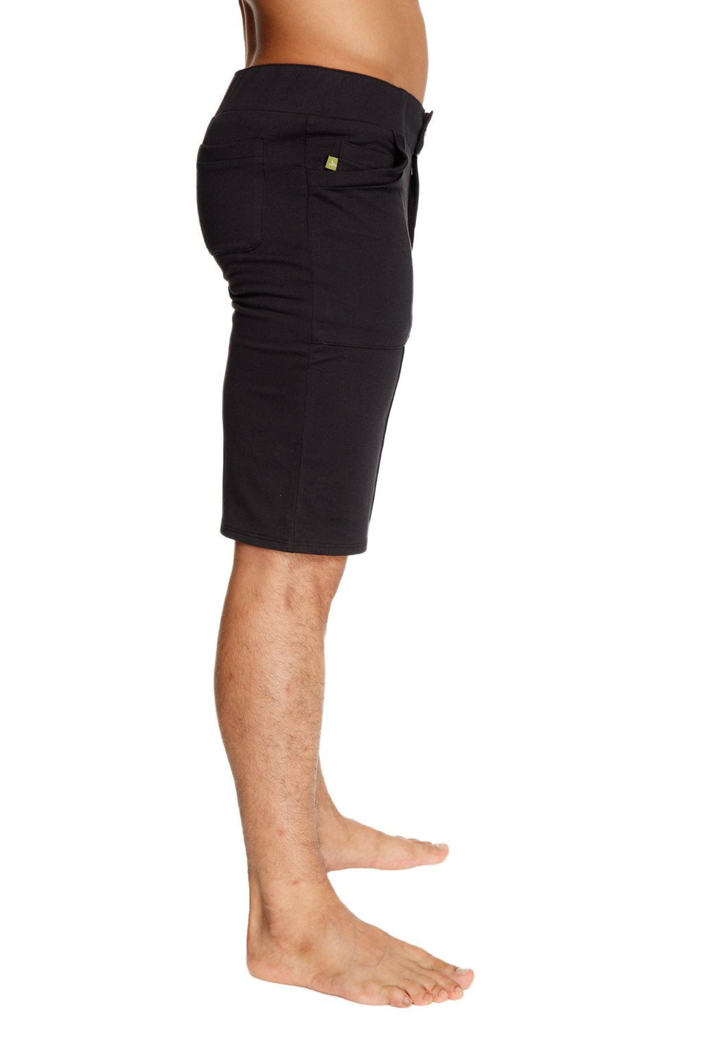 Black urban tactical at home dress shorts with drawstring waist and yellow logo on side pocket mid-thigh length