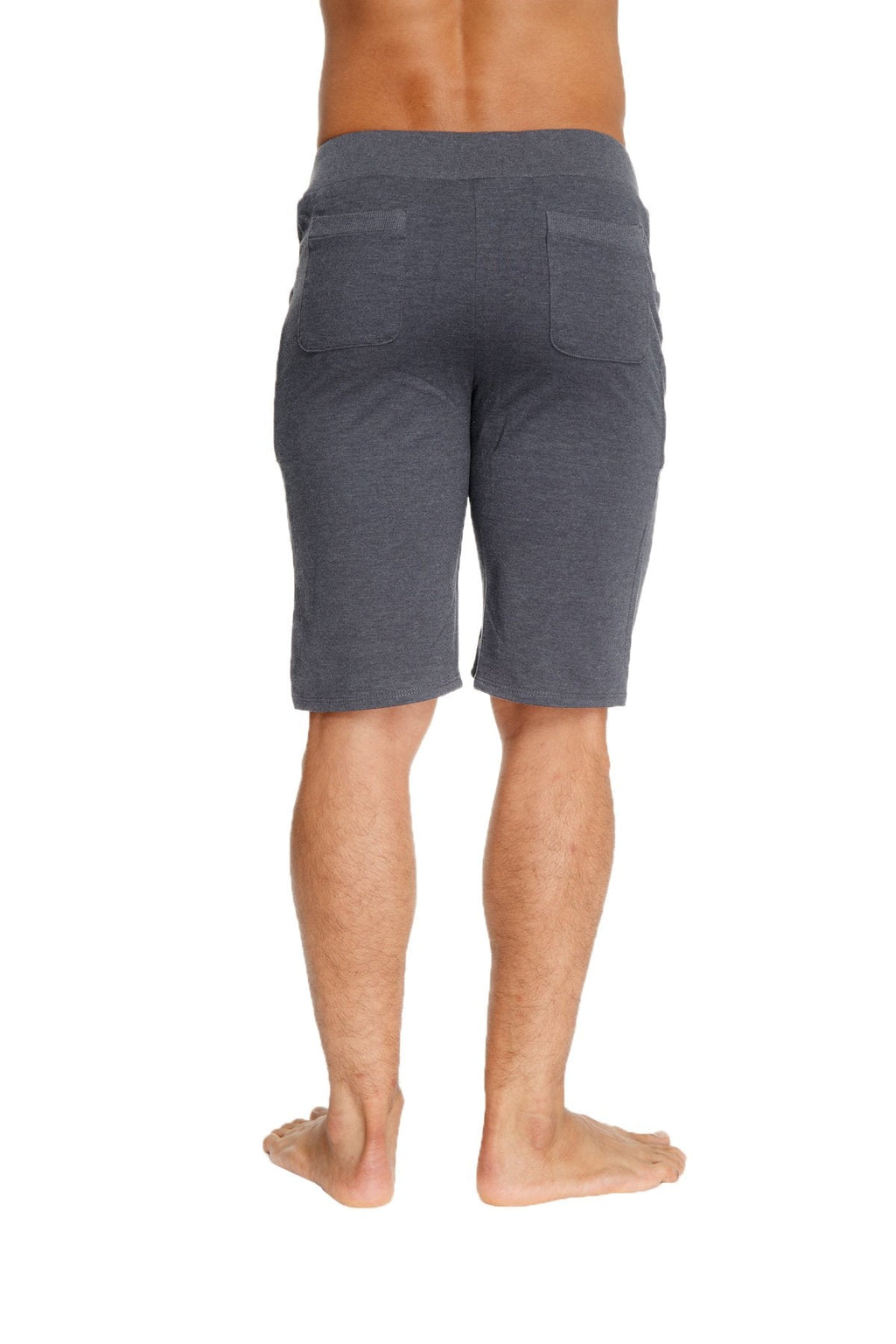 Dark gray urban tactical at home dress shorts with soft texture, relaxed fit, and two rear pockets shown from back side