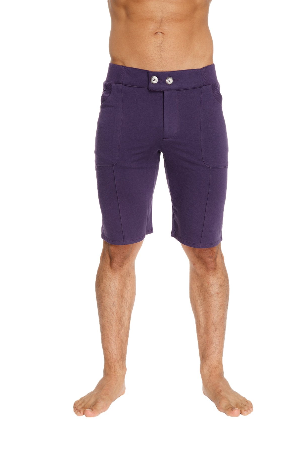 Urban tactical at home dress shorts in eggplant purple featuring a sleek form-fitting design with two silver buttons