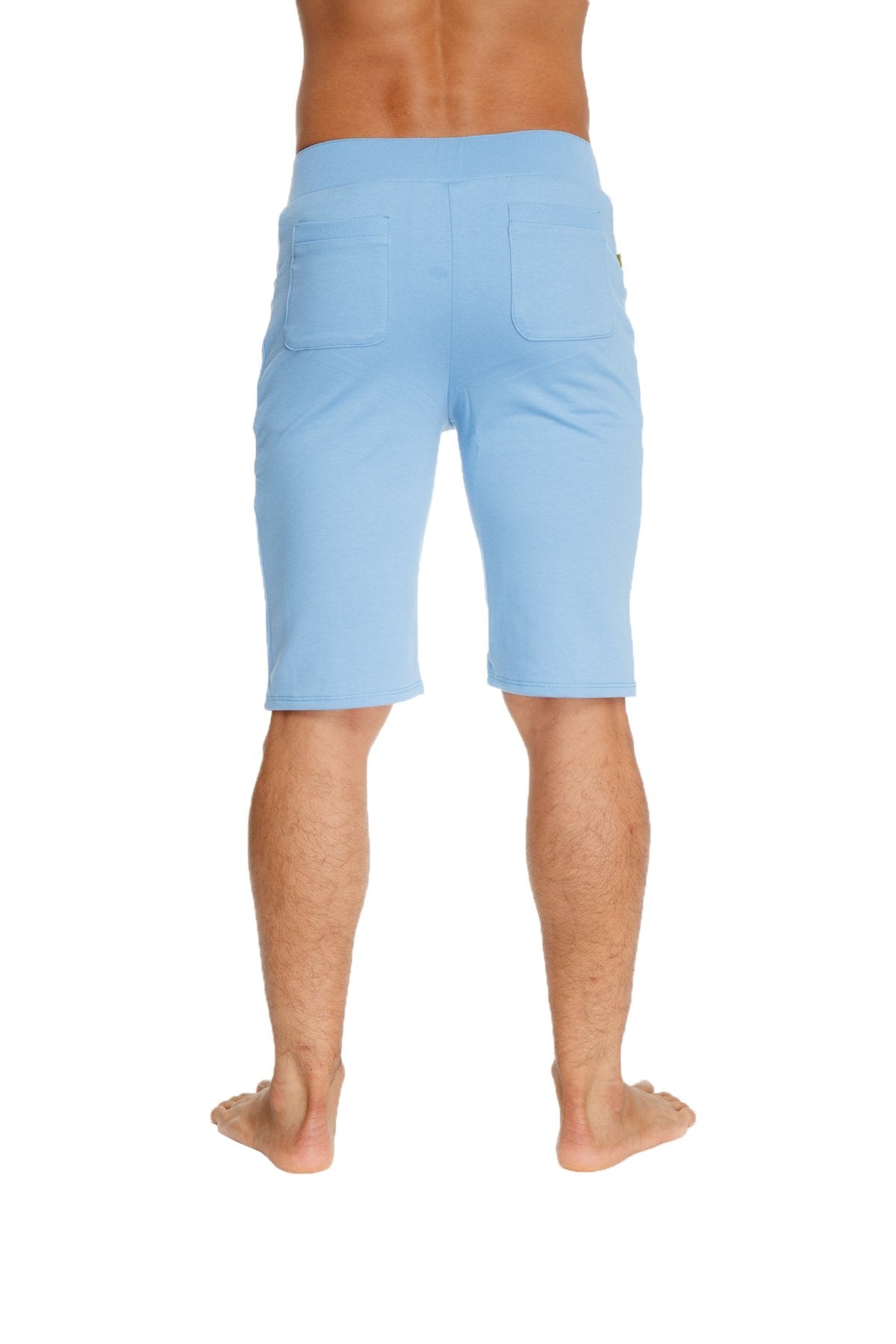 Light blue urban tactical at home dress shorts in soft fabric with relaxed fit and two back pockets shown from the back