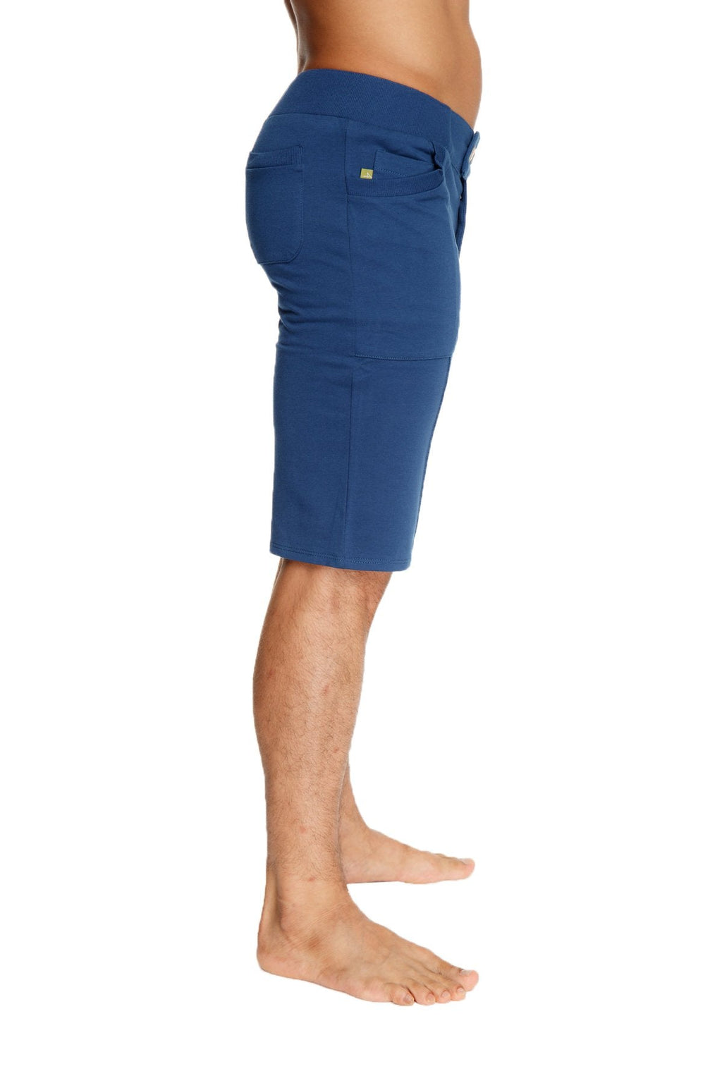 Urban tactical royal blue men’s cargo shorts with multiple pockets and subtle brand logo on the waistband