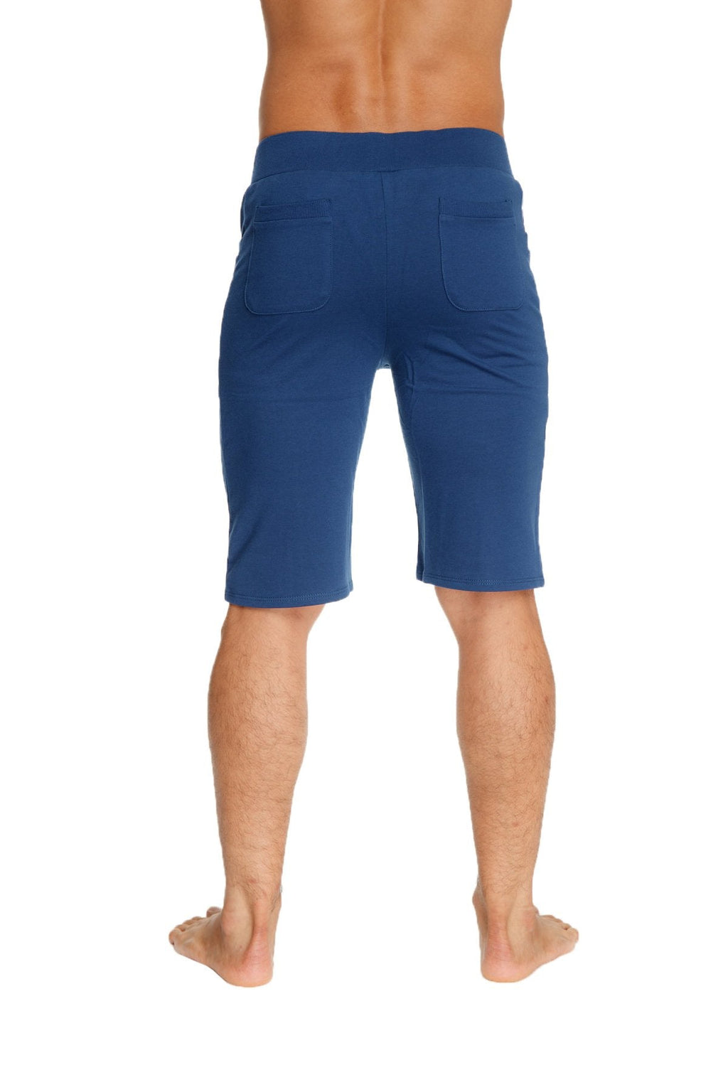 Back view of urban tactical at home dress shorts in royal blue featuring elastic waistband and two rear pockets