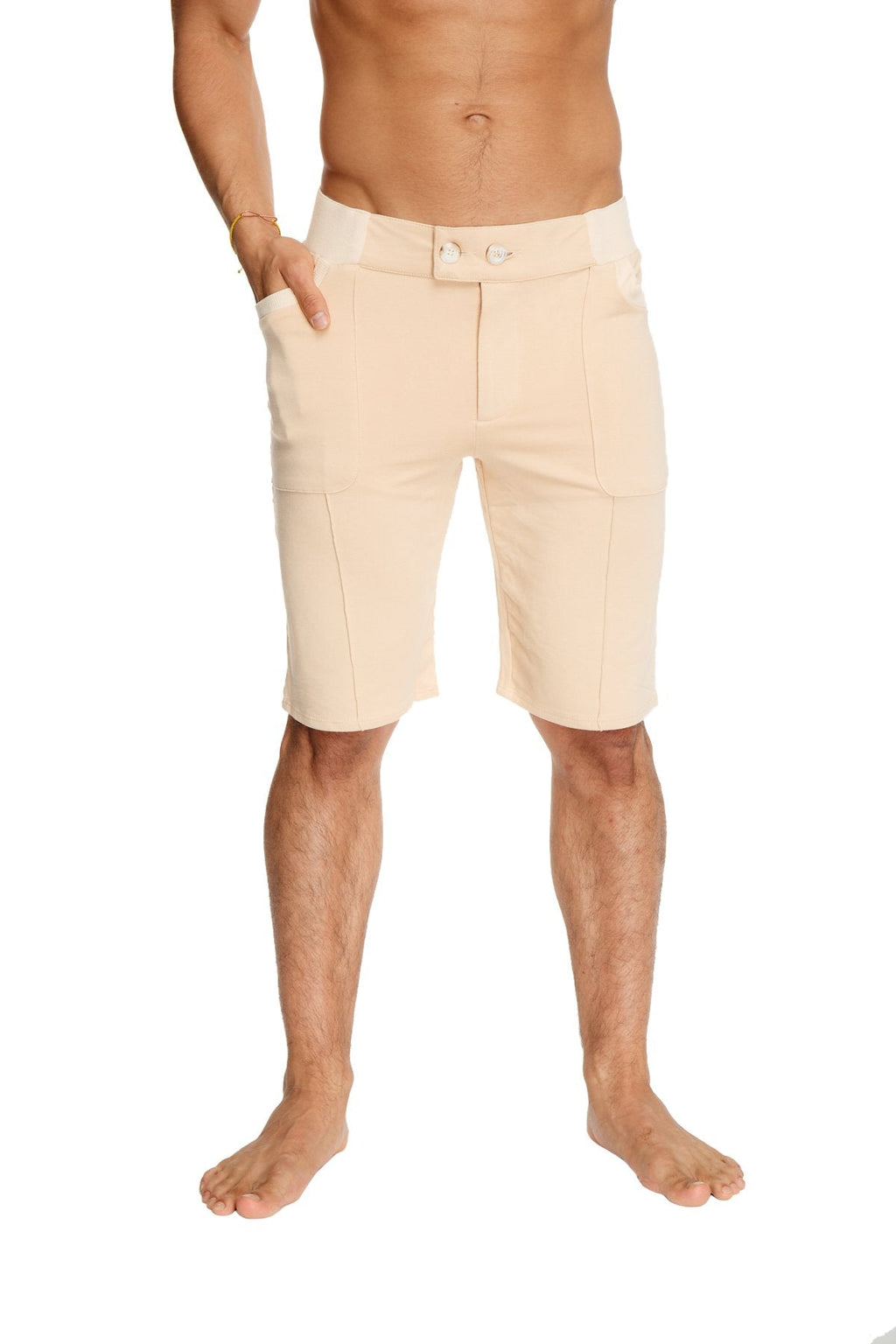 Beige urban tactical at home dress shorts with clean tailored design and white belt loops for casual wear