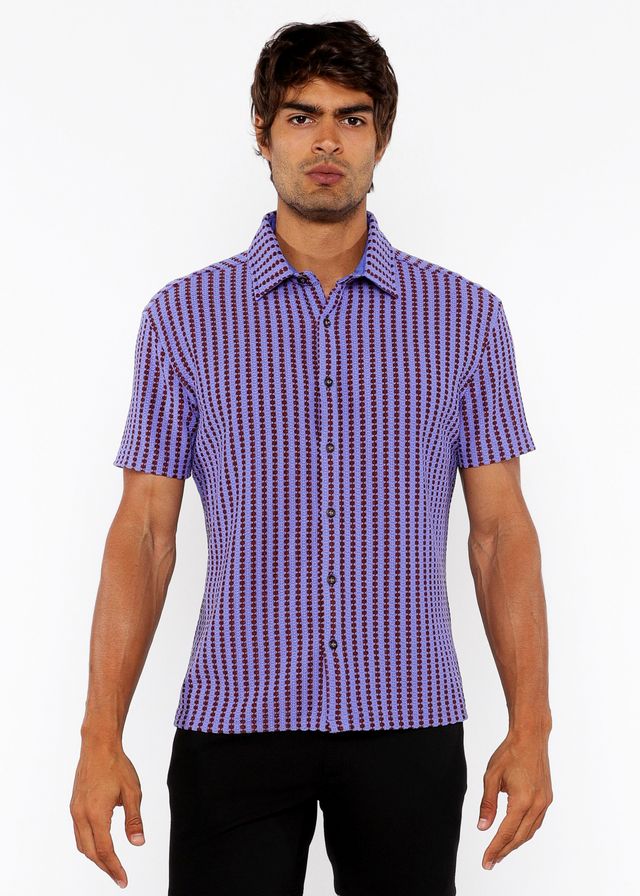 Purple and dark purple vertical stripe open stretch knit short-sleeved button-up shirt for casual wear