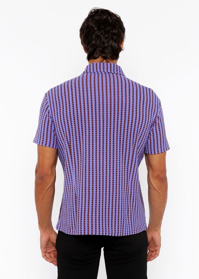 Vertical stripe open stretch knit shirt in purple and dark purple with short sleeves and textured weave button-up design