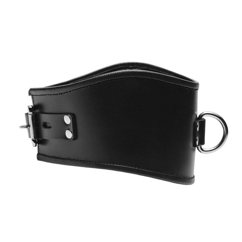 Strict Leather Locking Posture Collar: Wide, contoured black leather collar with metal locking buckle and D-ring.