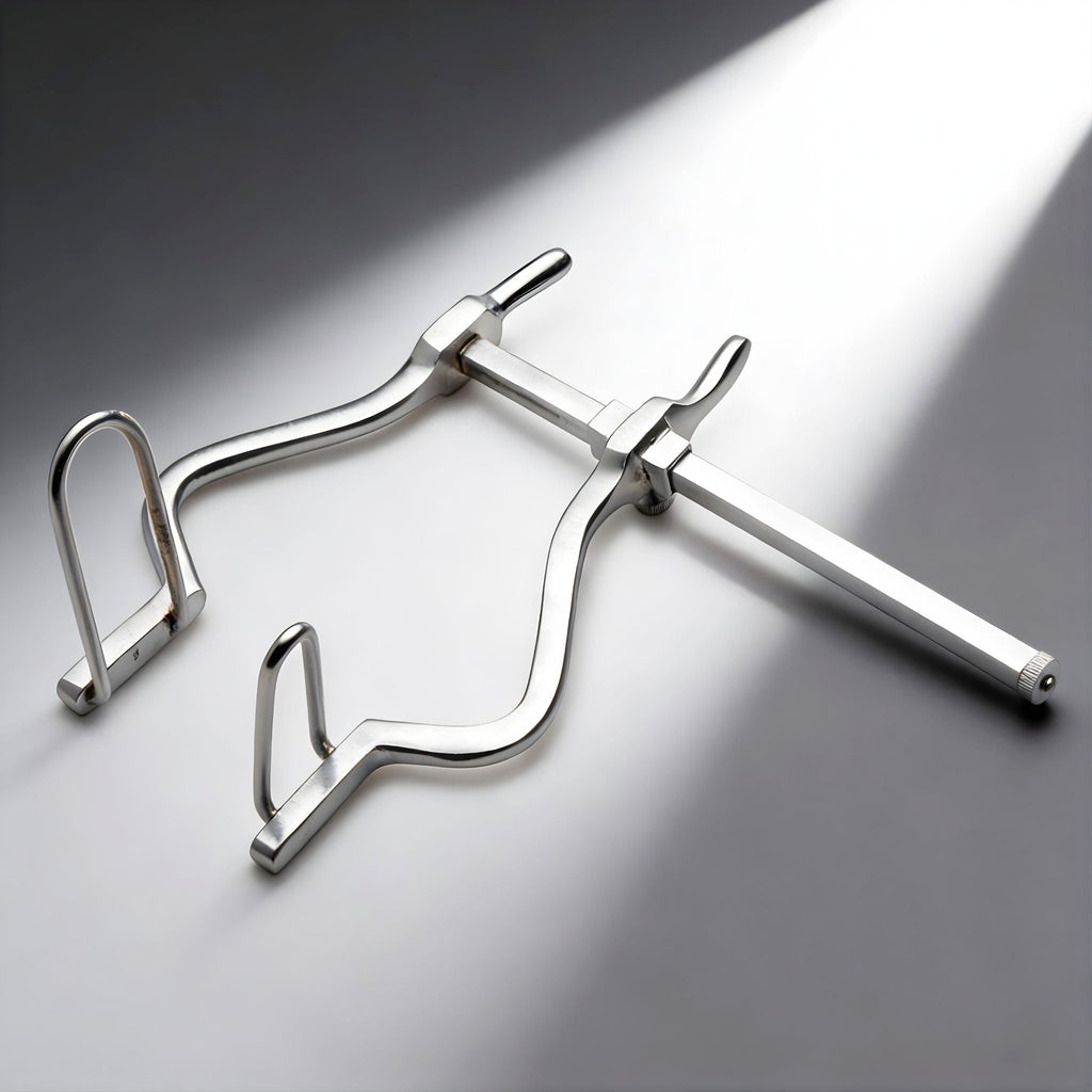 Kink Industries silver metal anal spreader with an adjustable sliding mechanism and two arched insertion prongs.
