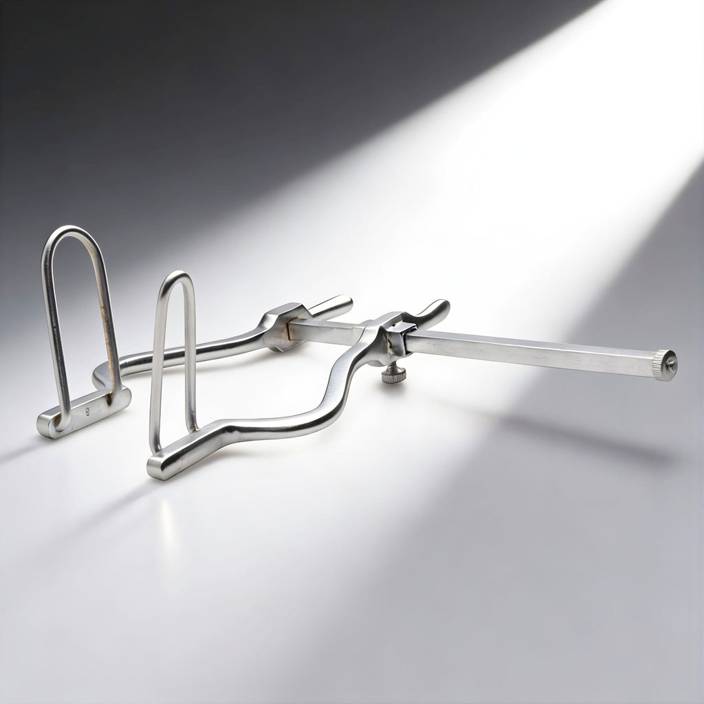 Kink Industries anal spreader: a silver, stainless steel medical-style tool with adjustable arms and a sliding bar.
