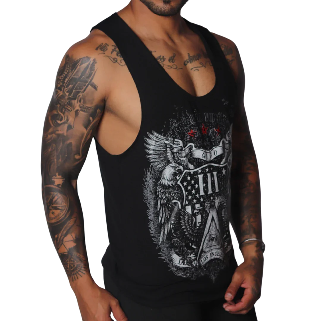 Black muscle tank top with a vintage-style white eagle, shield, and Los Angeles graphic print on the front.
