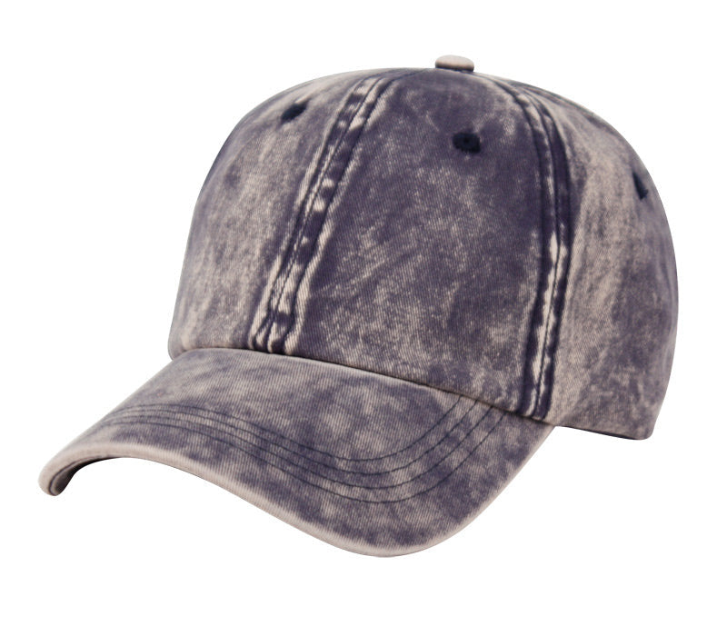 A faded gray denim vintage washed cotton cap with classic six-panel design and visible stitching