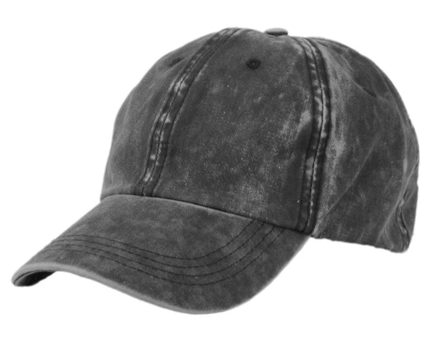 A dark gray vintage washed cotton cap with distressed fabric curved brim and visible stitching