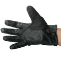 Black leather vampire gloves with textured grip on fingers and snap closure at the wrist shown from the back side