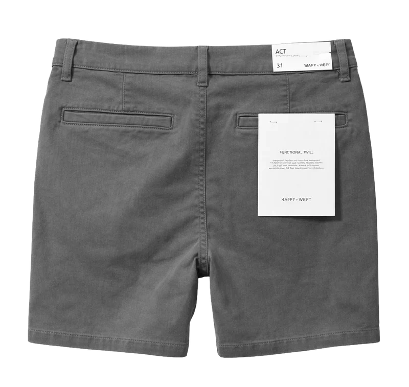 Warp + Weft grey Act Chino Shorts, rear view with two welt pockets and tags attached.