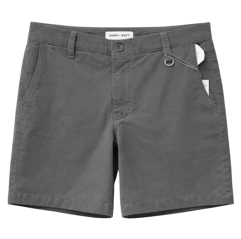 Warp + Weft Denim Act Chino Shorts in dark grey, featuring a button fly and belt loops.