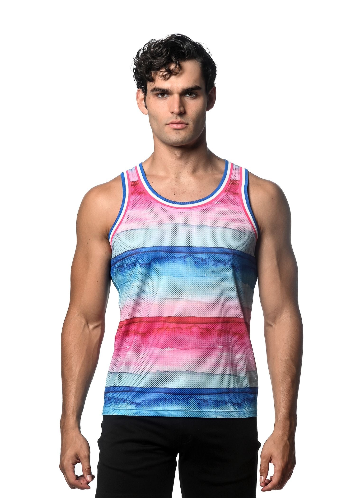 CAMISETA DE MALLA CON ESTAMPADO DE RAYAS DE ACUARELA Y CANALÉ DE RAYAS