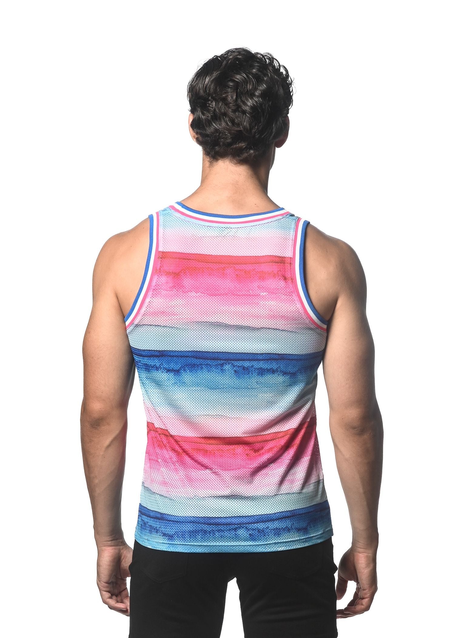 CAMISETA DE MALLA CON ESTAMPADO DE RAYAS DE ACUARELA Y CANALÉ DE RAYAS