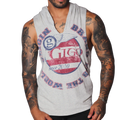 Light gray heathered sleeveless hoodie with a vintage-style red, white, and blue Gigo Wings circular graphic print.
