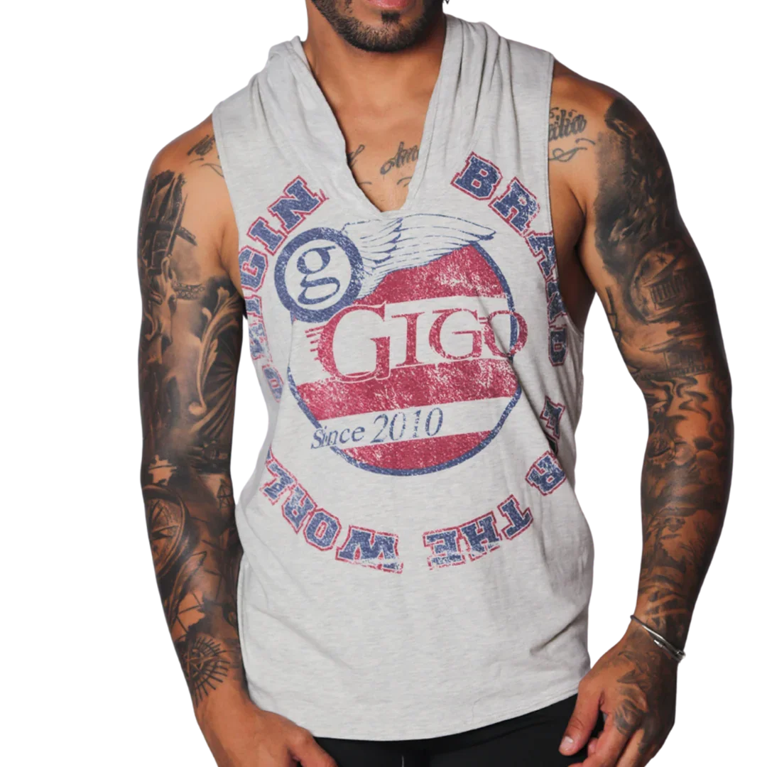 Light gray heathered sleeveless hoodie with a vintage-style red, white, and blue Gigo Wings circular graphic print.