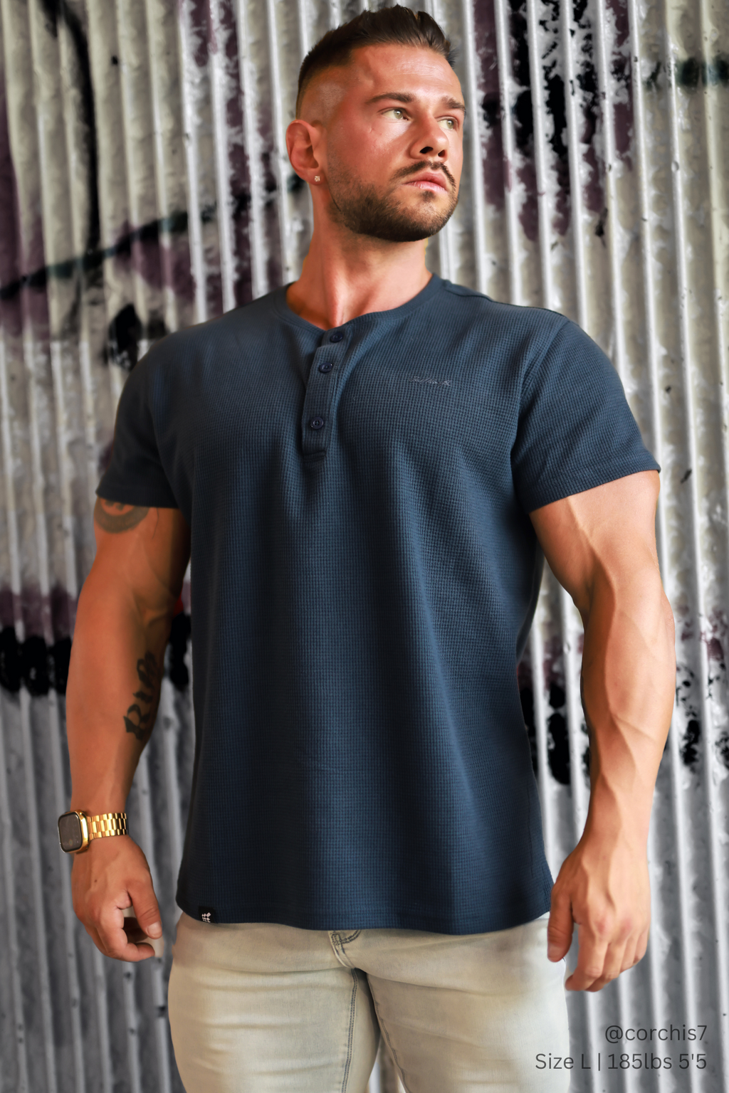 Waffle Henley T-Shirt - Dusty Blue - DealByEthan.gay loves Jed North