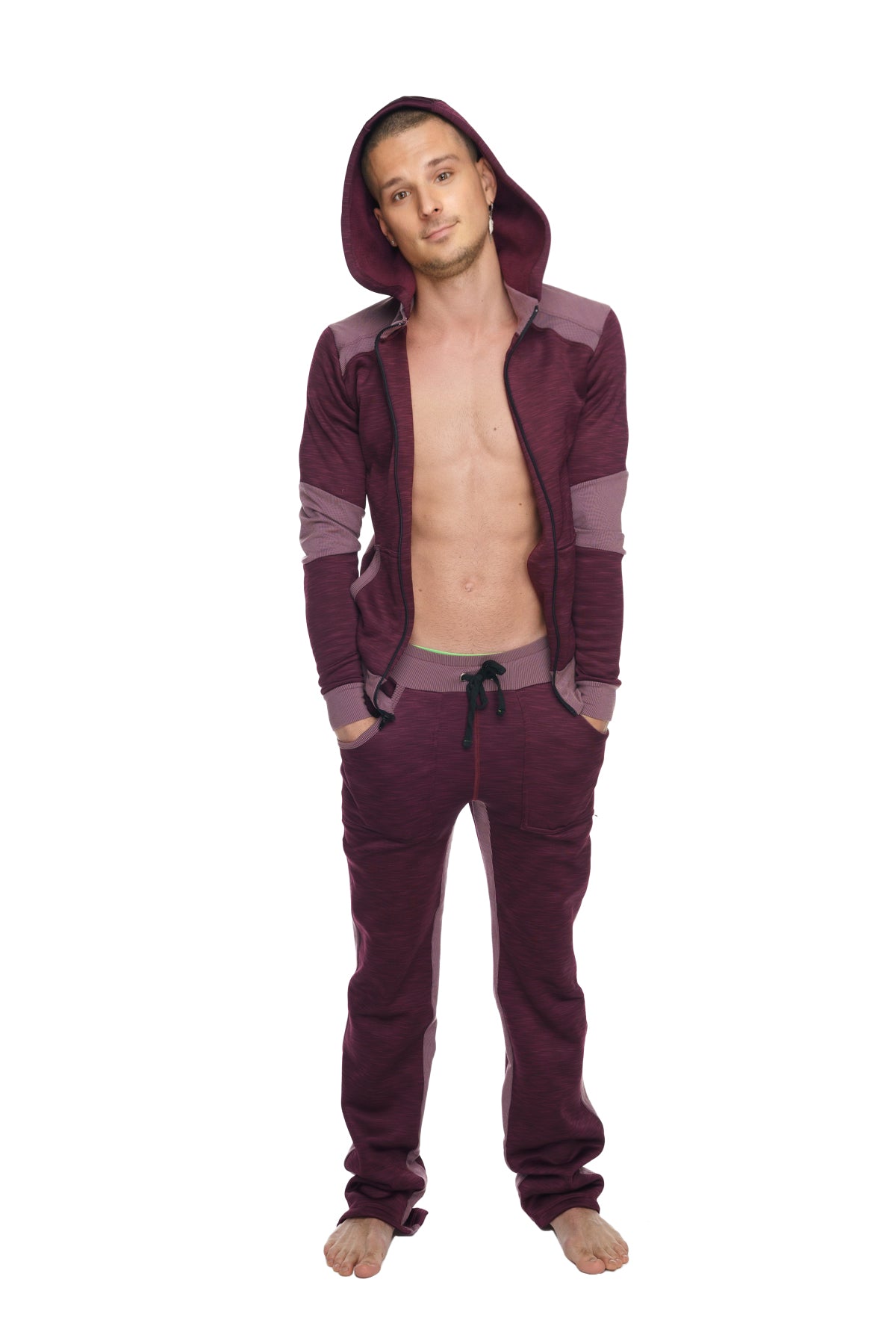 A maroon and purple two-tone heavy-weight fleece form-fit hooded sweatshirt with contrasting panels for winter yoga and track wear