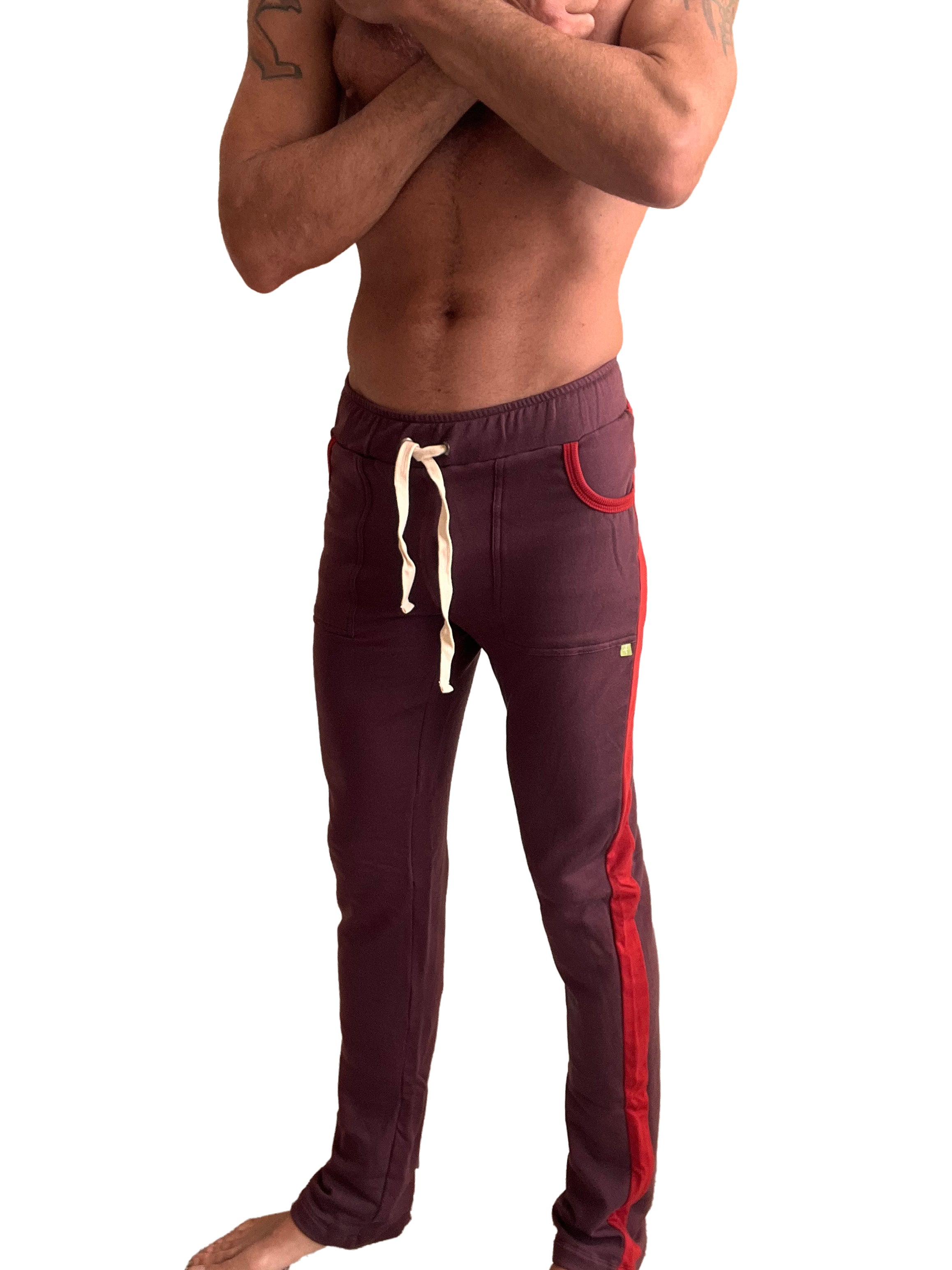 Winter collection mid-weight luxury-fleece track and lounge sweat pant burgundy with red side stripes and cream drawstring