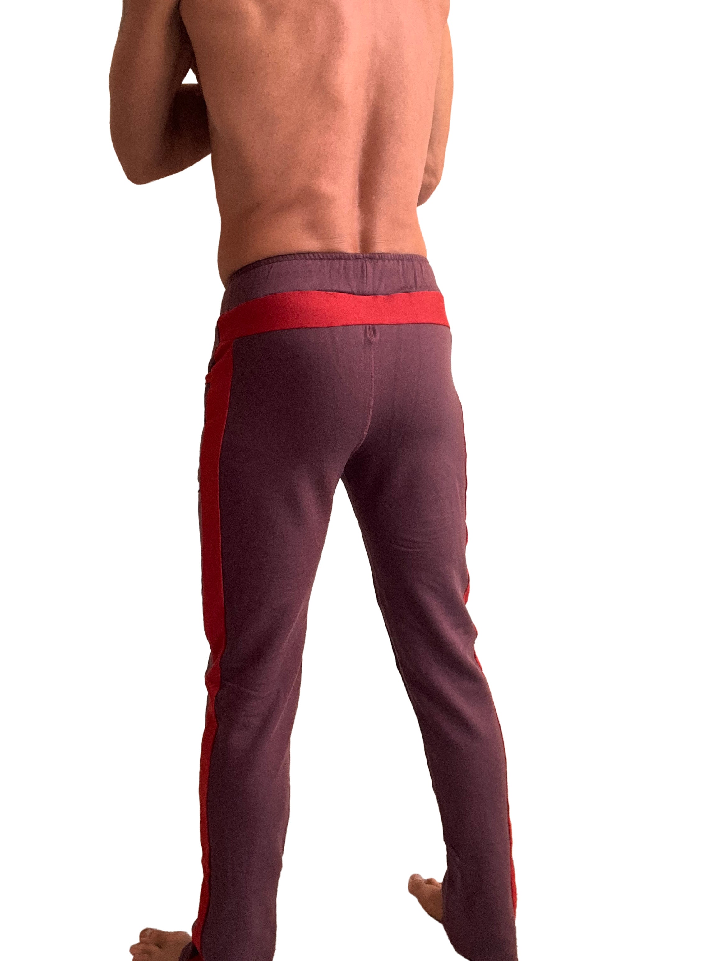 Winter collection mid-weight luxury-fleece track and lounge sweat pant in burgundy with red side stripes and waistband