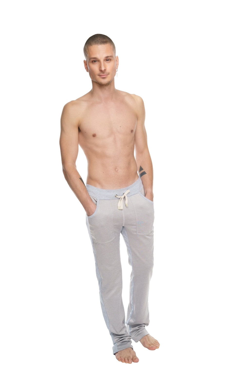 Light gray mid-weight fleece jogger pants with drawstring waist and rolled cuffs from winter collection