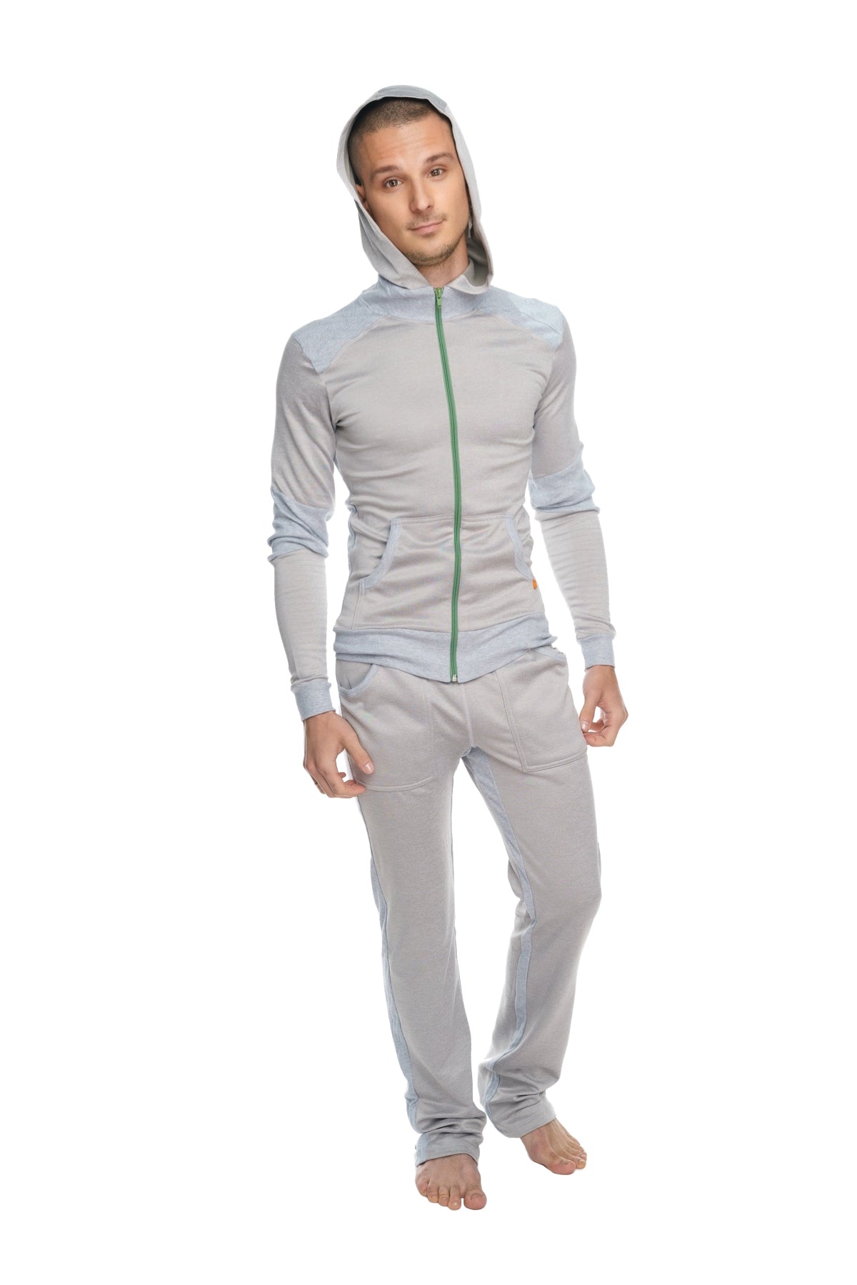 Light gray hooded mid-weight fleece zip-up tracksuit with subtle green zipper accent for winter collection