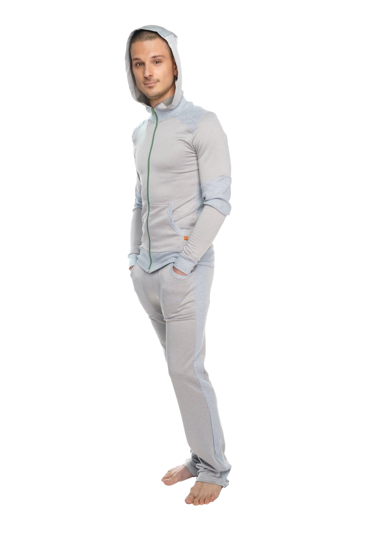 Light gray mid-weight fleece zip-up hooded tracksuit with subtle green zipper trim and matching performance-luxe pants