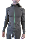 Dark olive green mid-weight luxury-fleece form-fit crossover yoga track hoodie with bright green zipper and front pockets