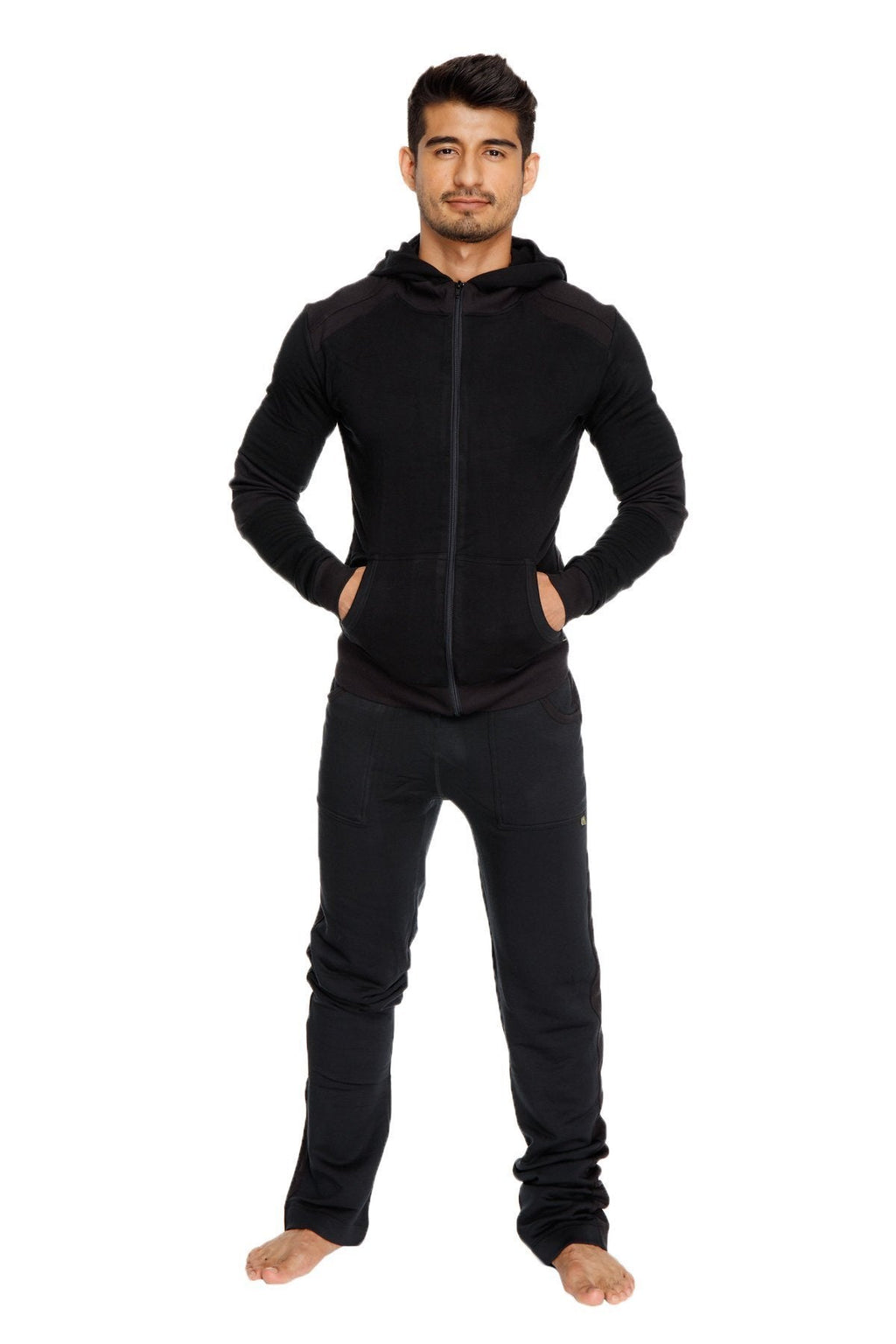Black mid-weight luxury-fleece zip-up hoodie with long sleeves and front pockets for yoga and winter wear