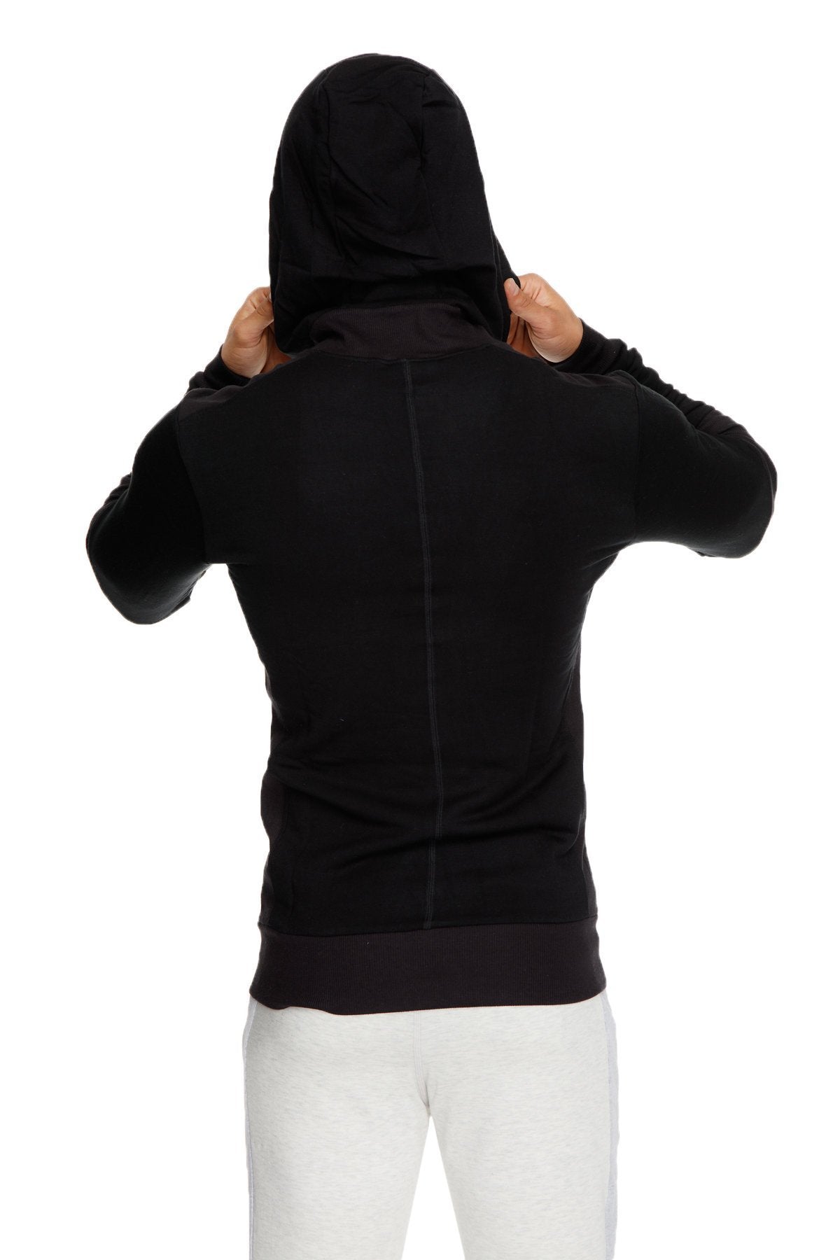 Black mid-weight luxury-fleece form-fit crossover yoga track hoodie back view with central seam ribbed cuffs and hem