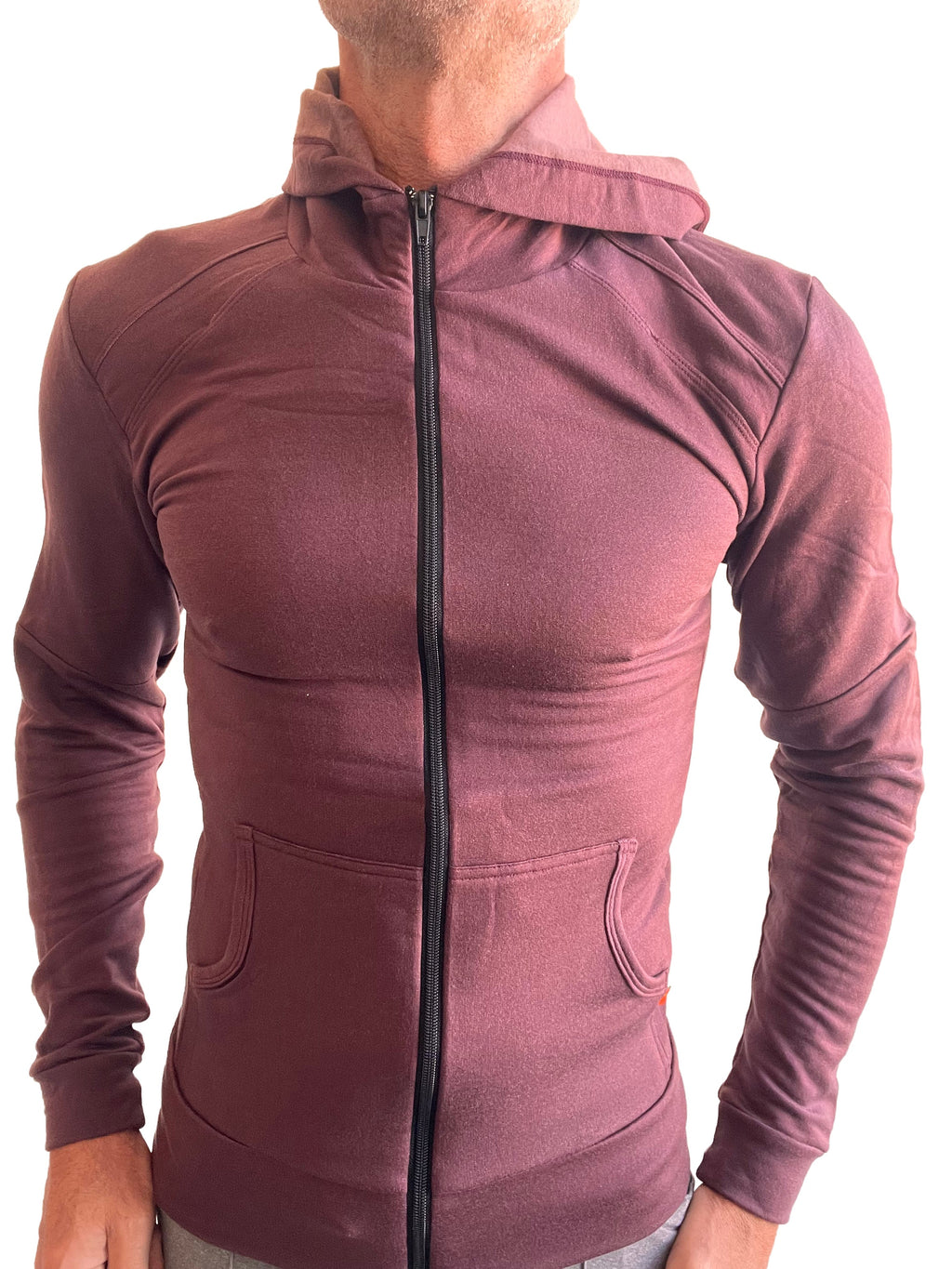 A maroon mid-weight luxury-fleece form-fit crossover yoga hoodie with black zipper from winter collection