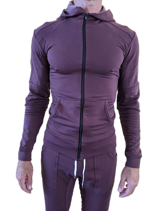 Purple mid-weight luxury-fleece zip-up hoodie with matching pants featuring sleek athletic design and contrast stitching