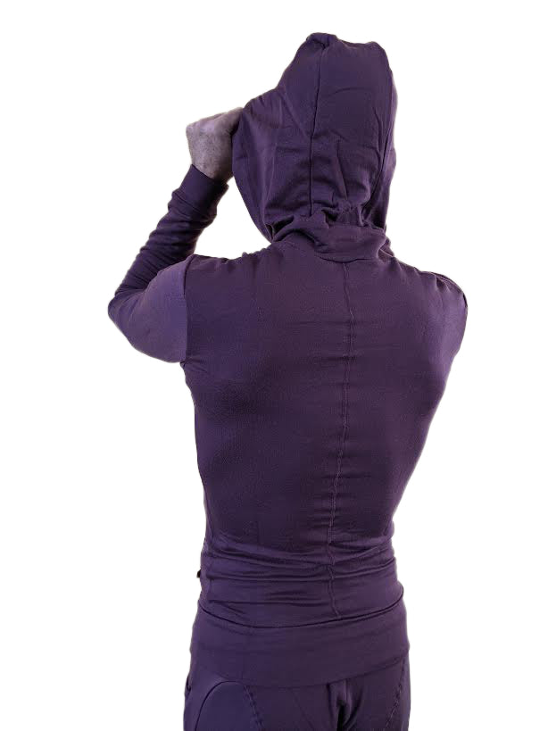 Purple hooded mid-weight luxury-fleece yoga track hoodie with long sleeves and fitted stretchy fabric design