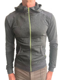 Charcoal mid-weight luxury-fleece form-fit crossover yoga track hoodie with neon green zipper and front pockets