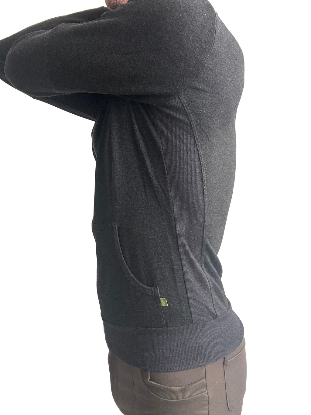 Dark gray long-sleeved mid-weight luxury fleece pullover with ribbed cuffs and hem from winter collection charcoal