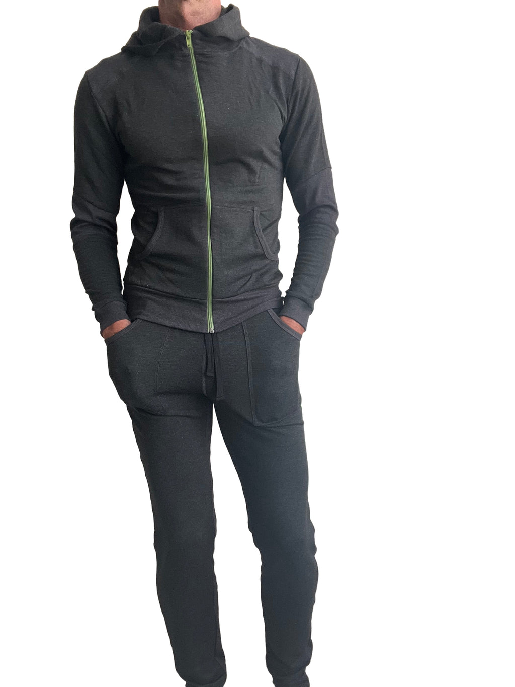 Black mid-weight luxury-fleece zip-up hoodie with lime green zipper and matching joggers from winter collection