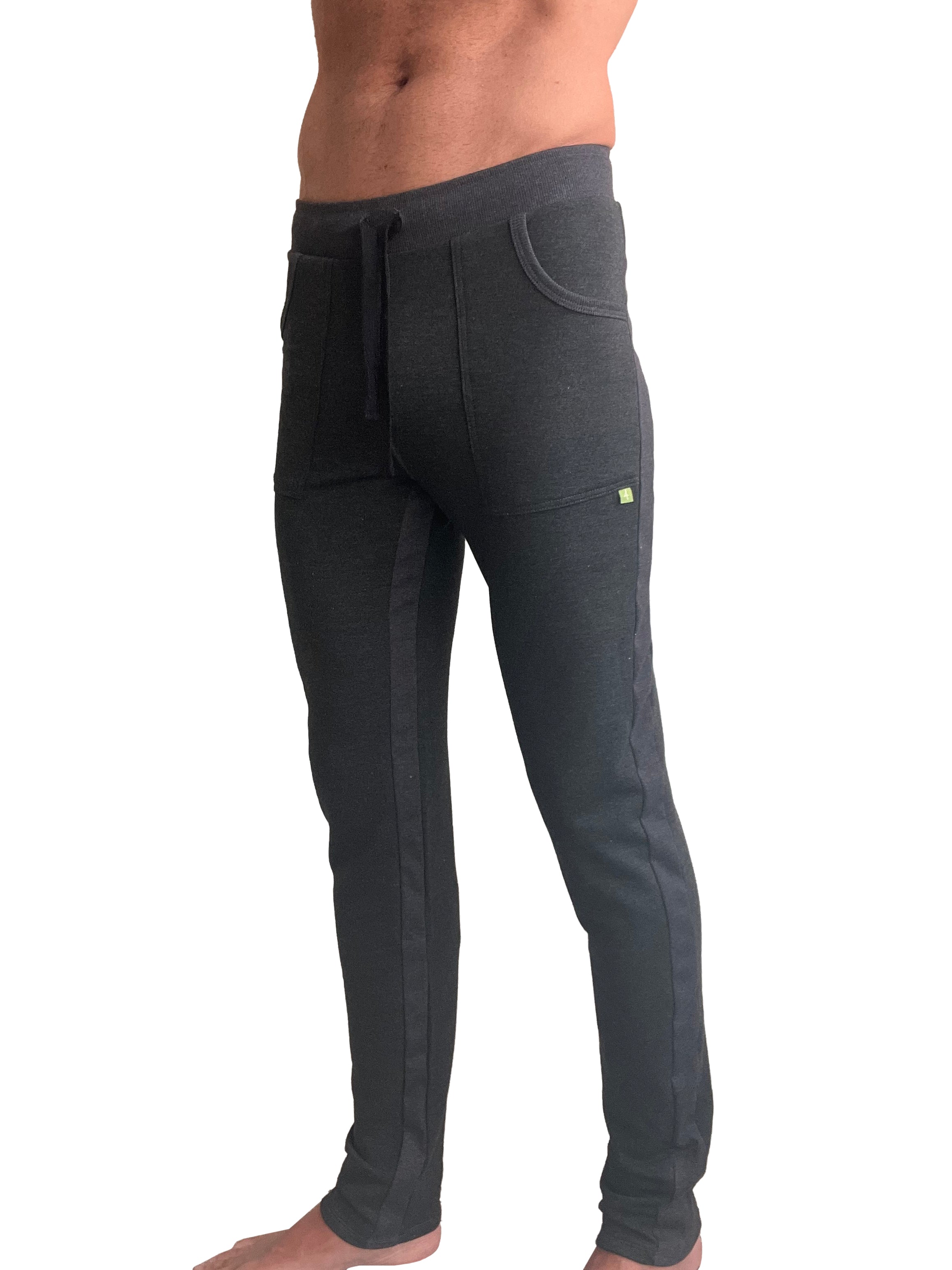 Dark gray mid-weight luxury-fleece jogger pants with drawstring waist and side pockets from winter collection
