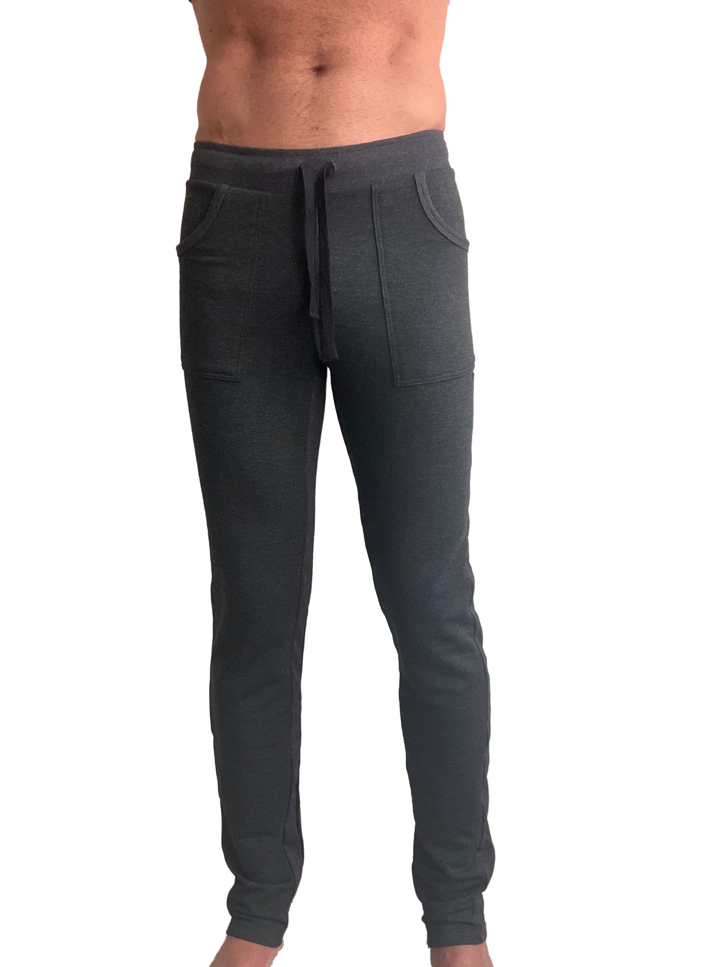 Dark gray mid-weight luxury fleece jogger pants with drawstring waistband and two front pockets from winter collection