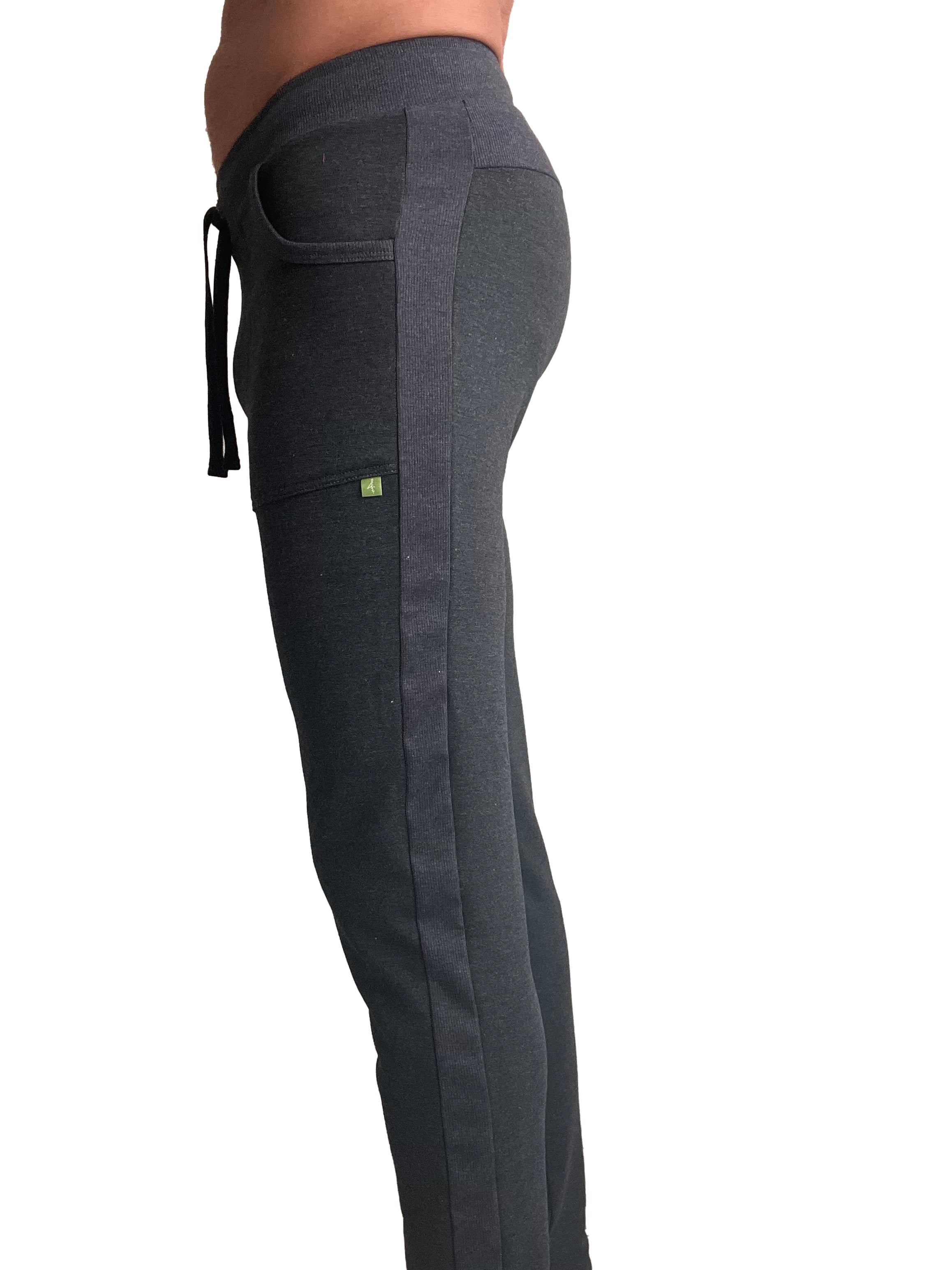 Dark gray mid-weight luxury-fleece track and lounge sweat pant with ribbed waistband and green logo patch on thigh