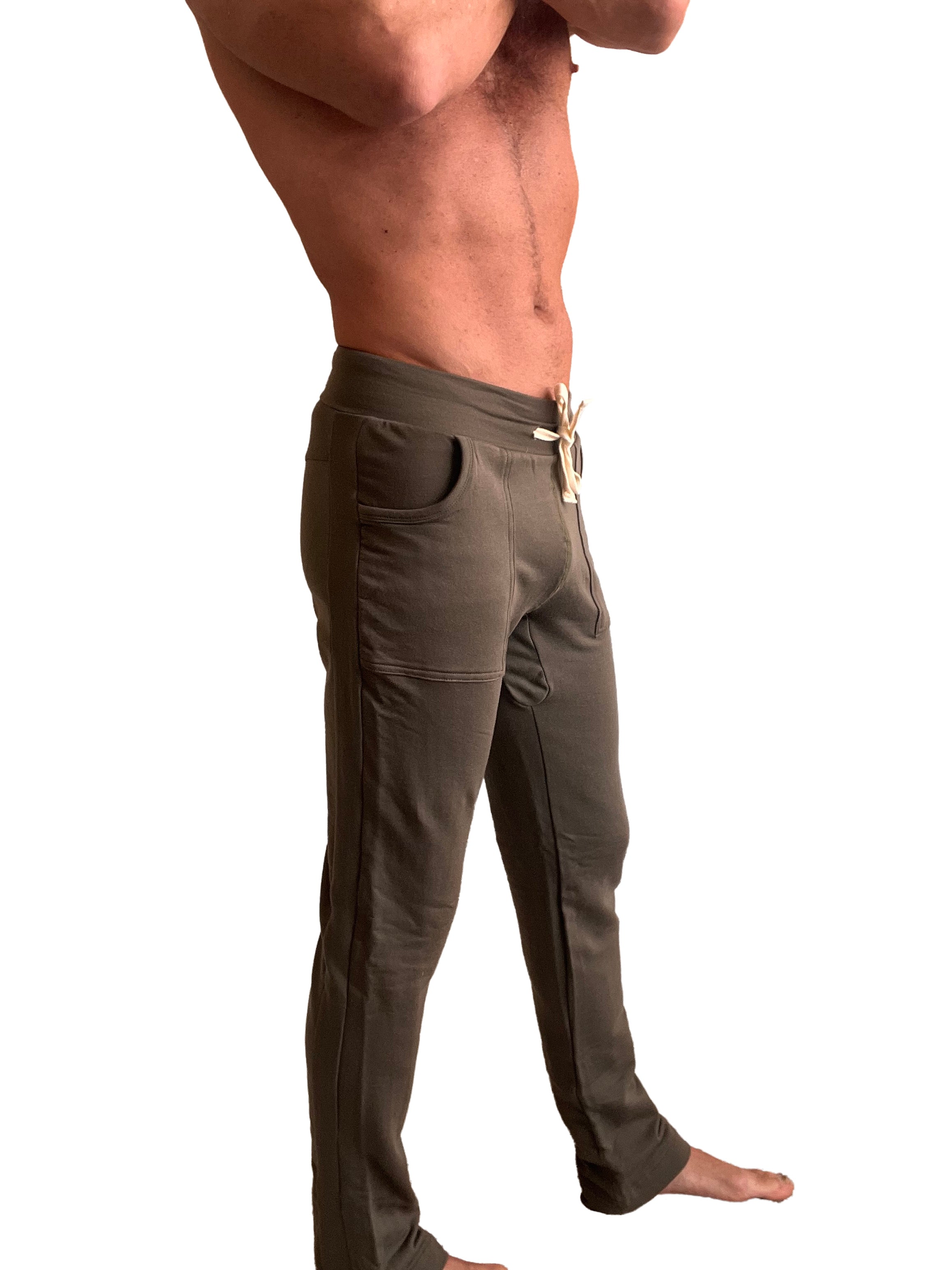 Olive green mid-weight luxury fleece joggers with side pockets and drawstring waistband from winter collection