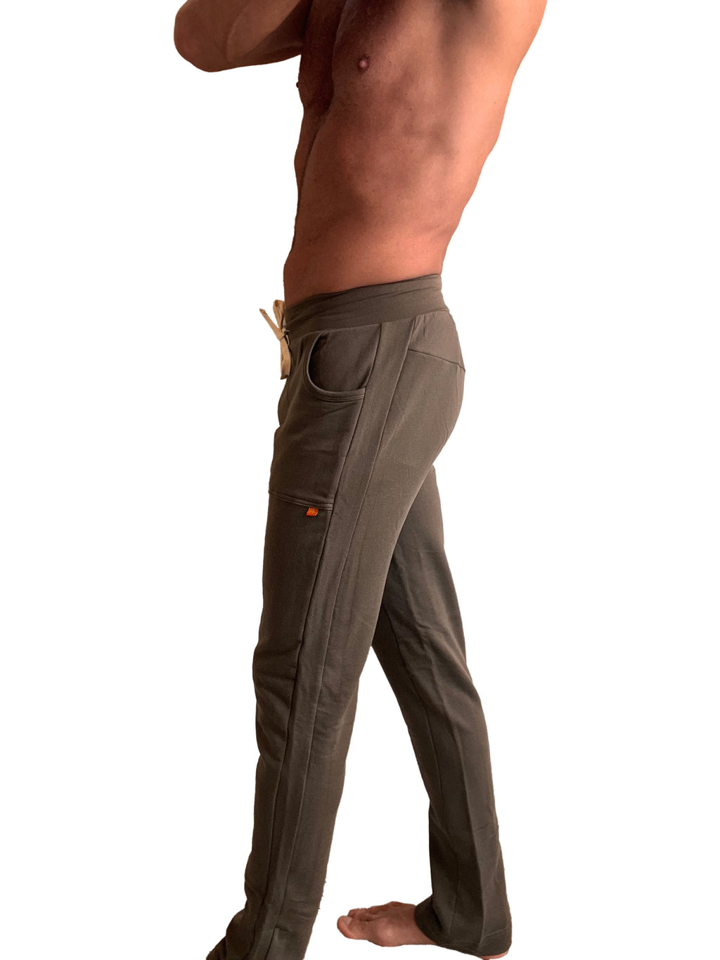 Olive green mid-weight luxury-fleece cargo pants with side pockets and drawstring waistband for winter lounging