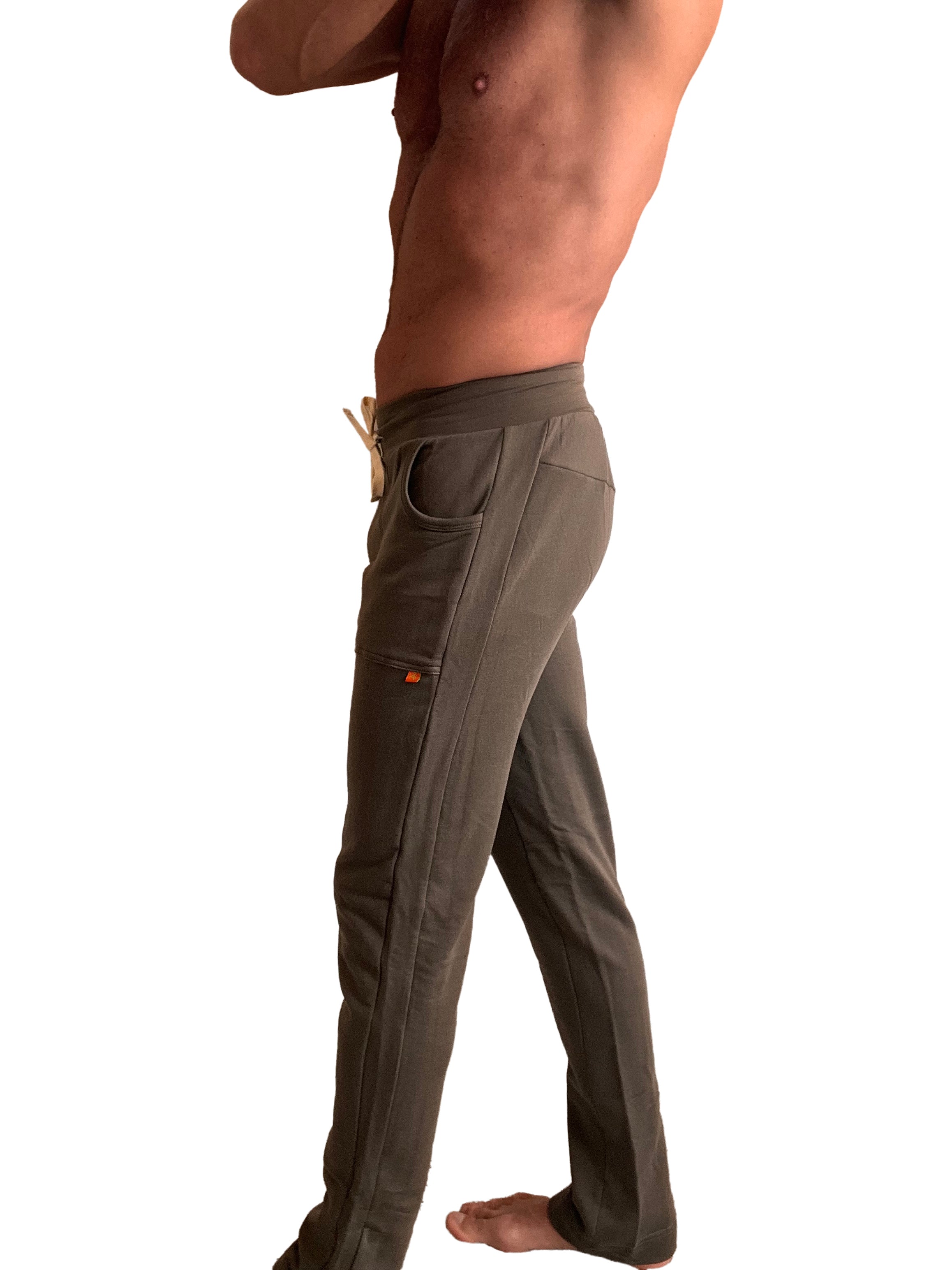 Olive green mid-weight luxury-fleece cargo pants with side pockets and drawstring waistband for winter lounging