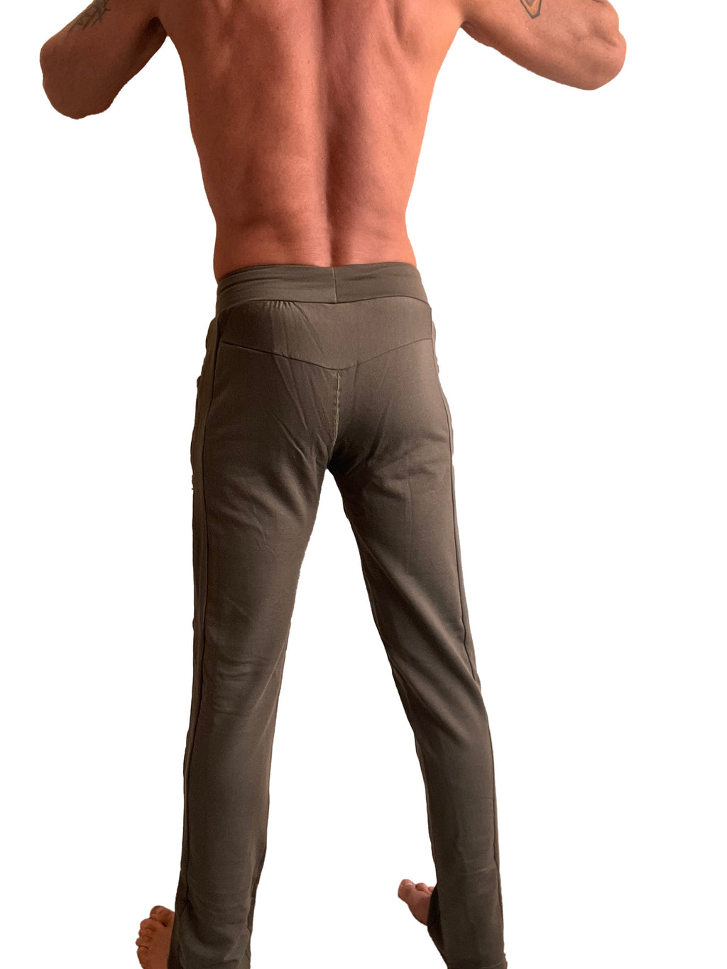 A pair of army green mid-weight luxury fleece slim-fit track and lounge sweat pants with subtle side seam detailing