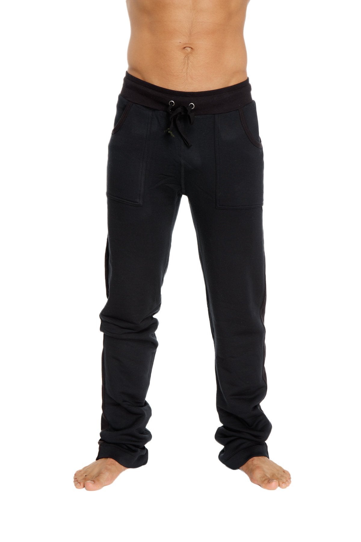 Black mid-weight luxury-fleece sweatpants with drawstring waist, relaxed fit, and two front pockets for lounging