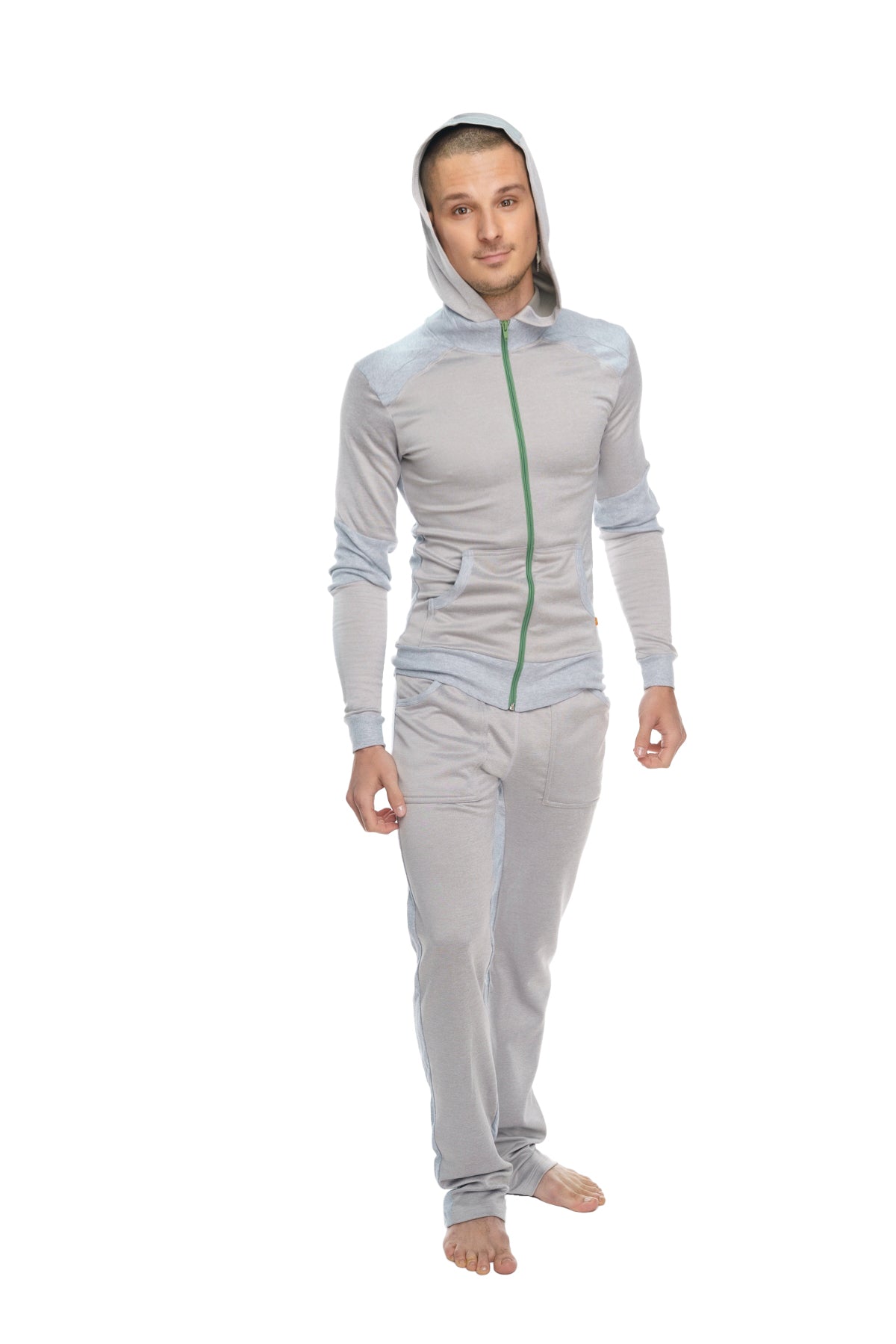 Light gray mid-weight performance-luxe-fleece form-fit crossover yoga track hoodie with green zipper and seam detailing